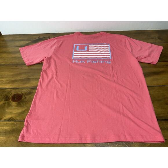 HUK Fishing T-Shirt Ocean Coral USA Flag ss Crewneck Relaxed Fit Mens Medium - Picture 7 of 8